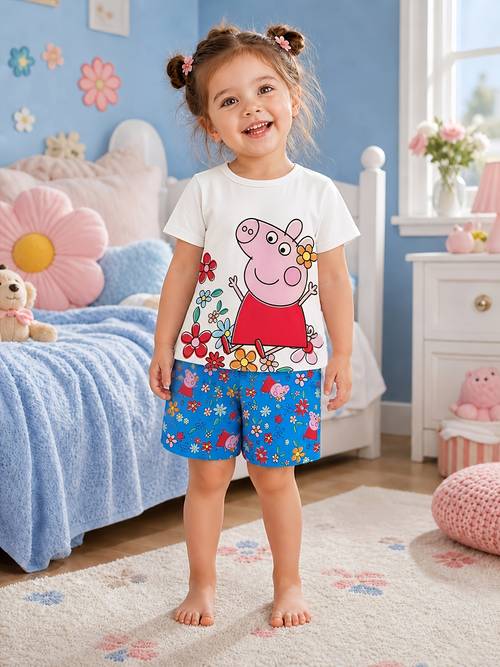 official girls casual crew neck cute cartoon colorful floral print short sleeve t shirt shorts 2pcs set an ideal gift for little girls