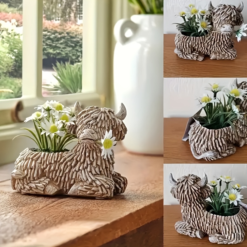 

Highland Cow Planter - Rustic Resin For Indoor/outdoor Decor, Ideal For