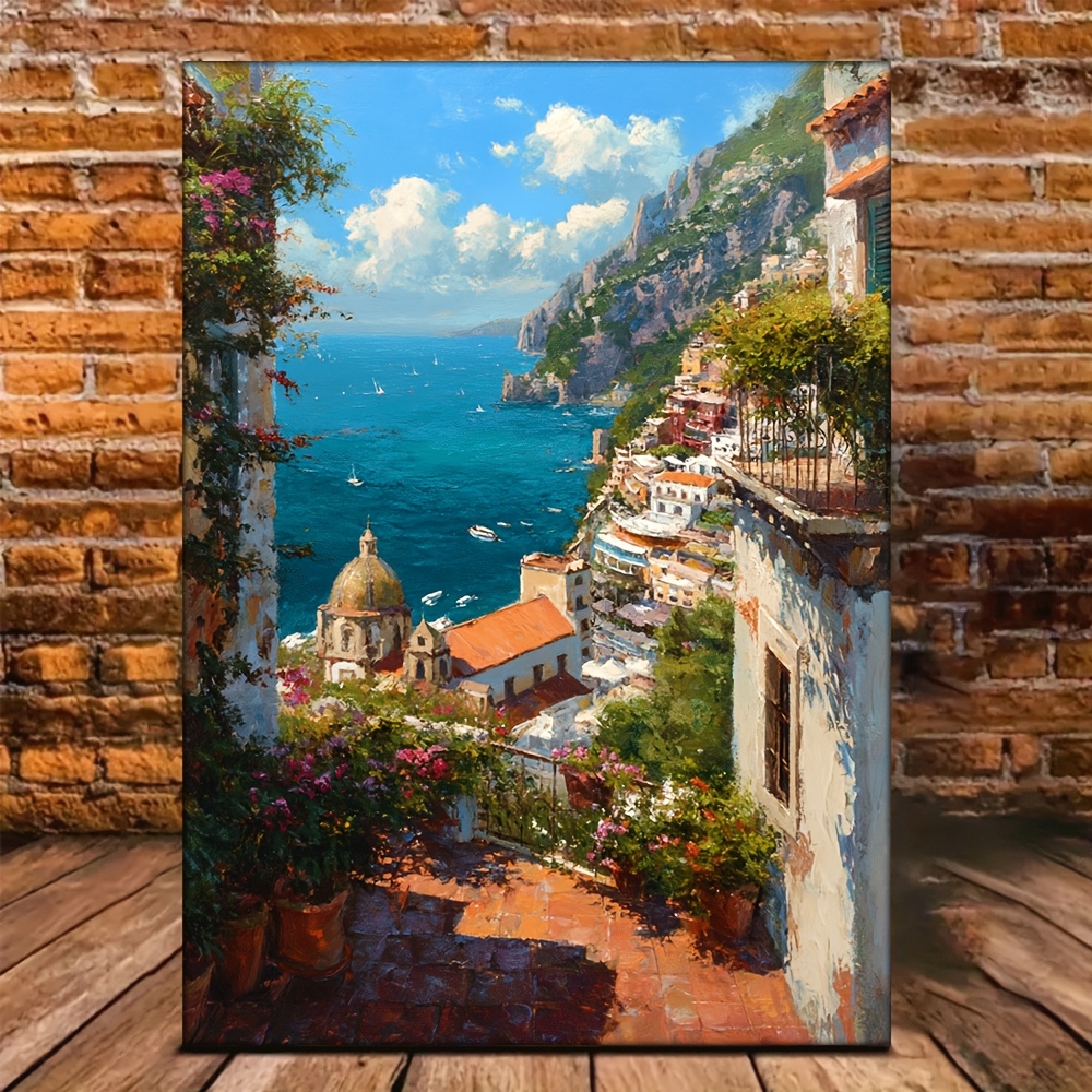 TEMU 2d Flat, 2d Flat, 1pc Of , On The Amalfi In Italy, Features A Coastal Landscape Oil Painting Measuring 30.48x40.64 Cm. This Unframed Canvas Wall
