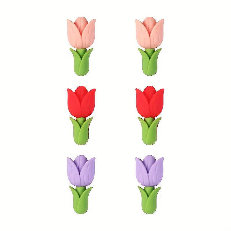 E-shop 6er-Set Cartoon-Tulpen-Silikonperlen, 3D-Perlen-Stiftanhänger, Armband-Perlen-Stiftzubehör, dreidimensionale Blume, geeignet für die Herstellung