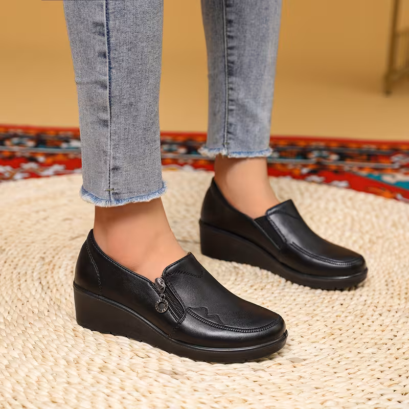 womens side zipper embroidered detail elegant loafers comfortable round toe work shoes lightweight pu sole for wear casual and professional cover flats lightweight upper with embroidered design women shoes Product details 10