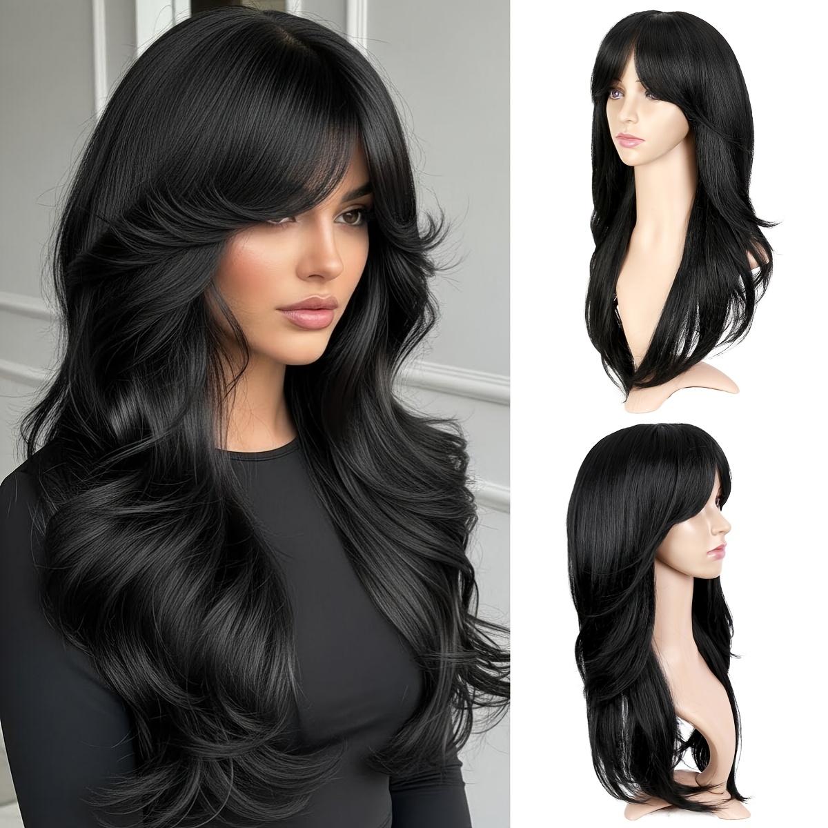 long straight layered wig straight black wig 22 middle  display picture 1