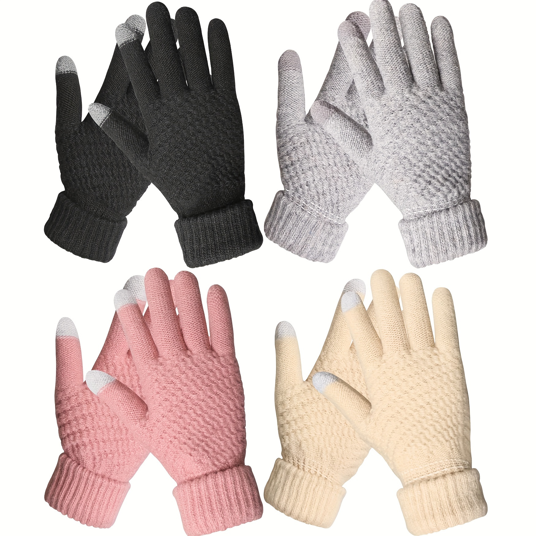 

4 Pairs Women's Winter Touch Screen Gloves, Warm Fleece-lined Knit With Cuff For Texting - Machine Washable, Best For Christmas, Thanksgiving