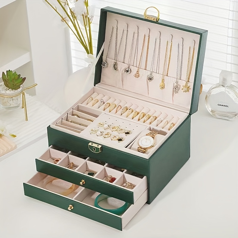   box organizer elegant   tier storage case with key lock closure soft fabric lined compartments for necklaces earrings bracelets rings perfect gift for women home   use durable construction jewelry organizer storage jewelry boxes Product details 0