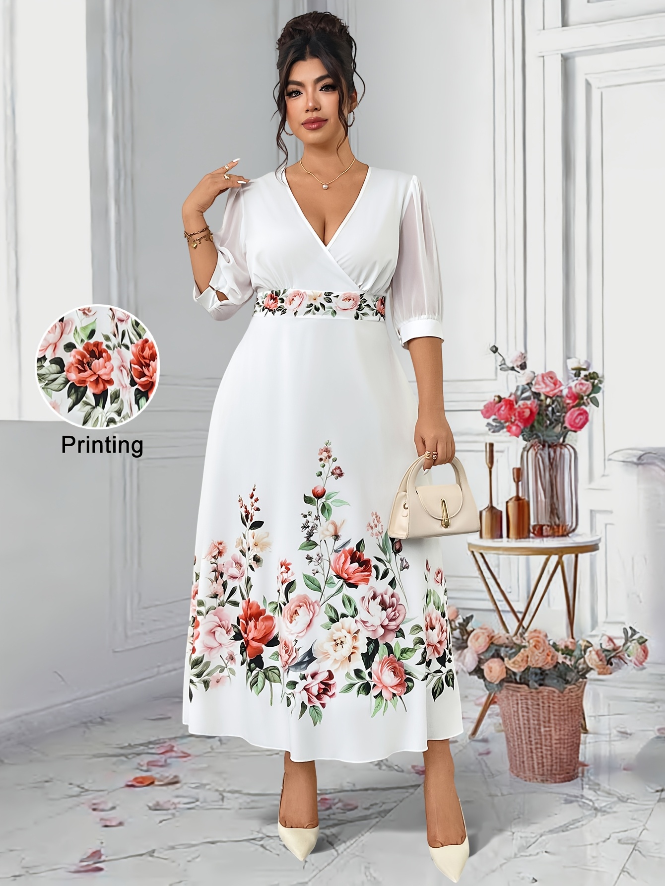 Plus Size, A V-neck Spliced Chiffon Dress with Placement Print and Back Wrap Design, Fashionable and Elegant Plus-size Women's Dress