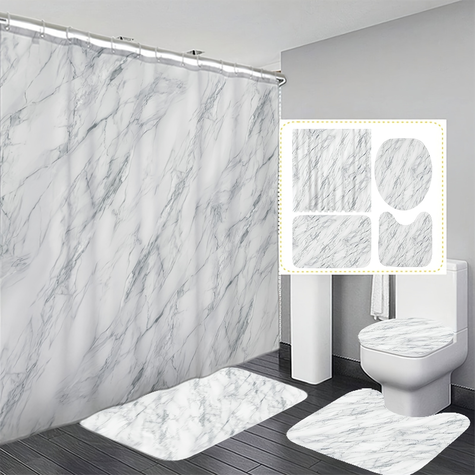 

1/3/4pcs Rideau de douche imperméable à motif marbre Impression numérique et tapis Décoration de salle de bain moderne Rideau de douche avec tapis et abattant de WC