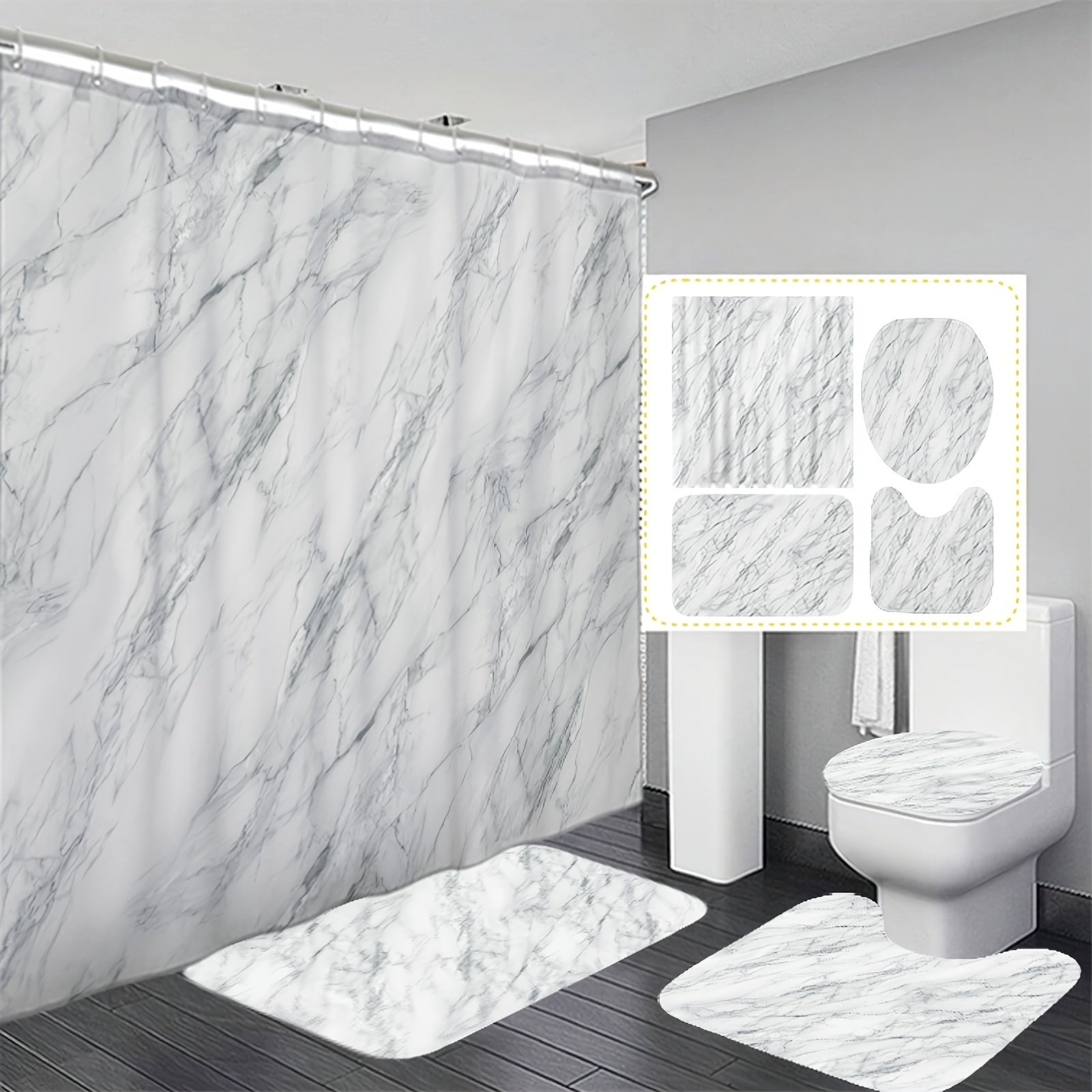 

1/3/4pcs Marble Pattern Digital Print Waterproof Shower Curtain And Carpet Modern Home Bathroom Decor Shower Curtain With Carpet And Toilet Lid