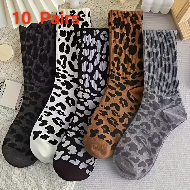 TEMU 10-pair Couple's Leopard Print Mid-calf Socks, Soft And Comfortable For