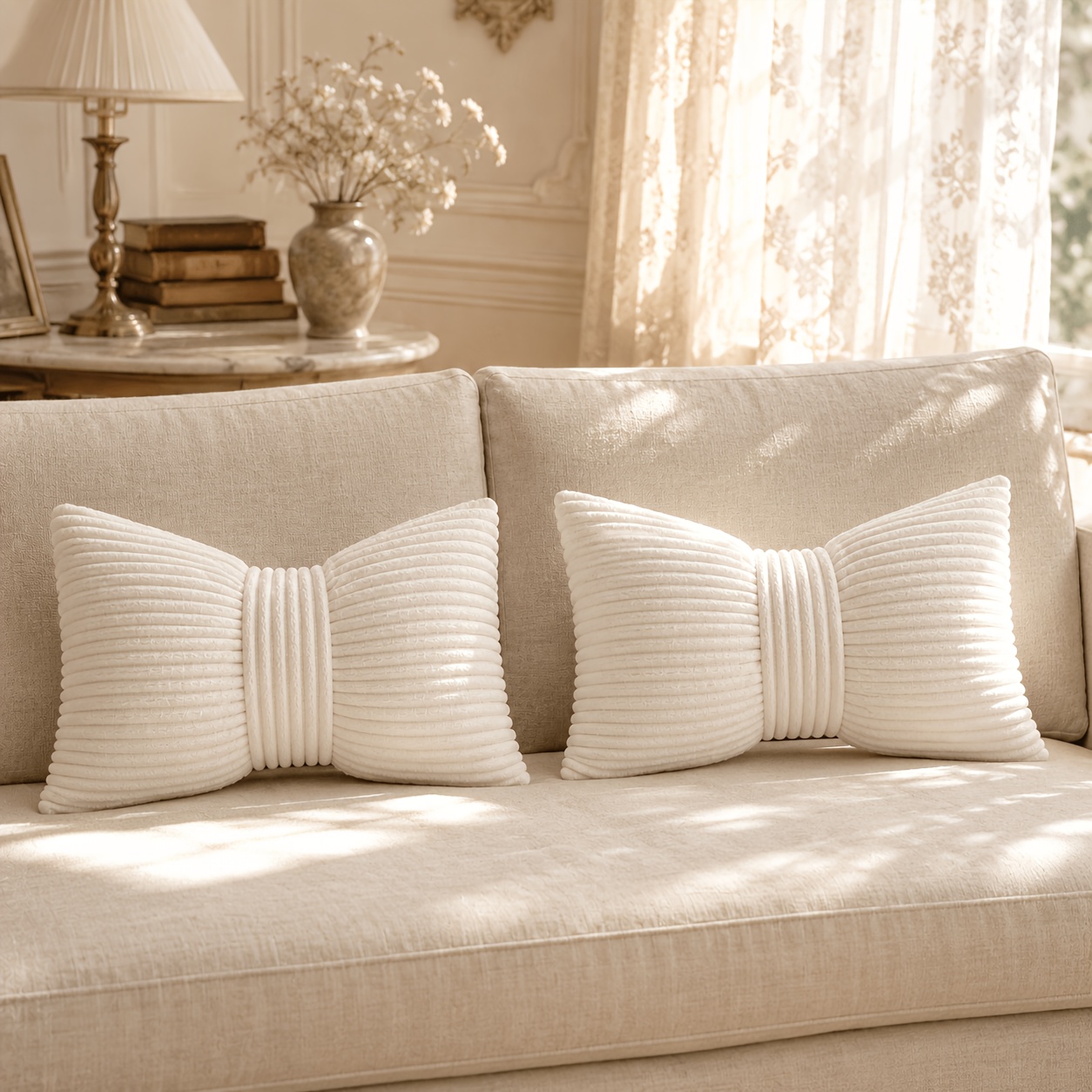 TEMU 2pcs Housses de coussin blanches à rayures et nœud à volants, 30 X 50Cm / 11.8 X 19.7 Inches, Style Ins Easy Crème, Housses de coussin torsadées