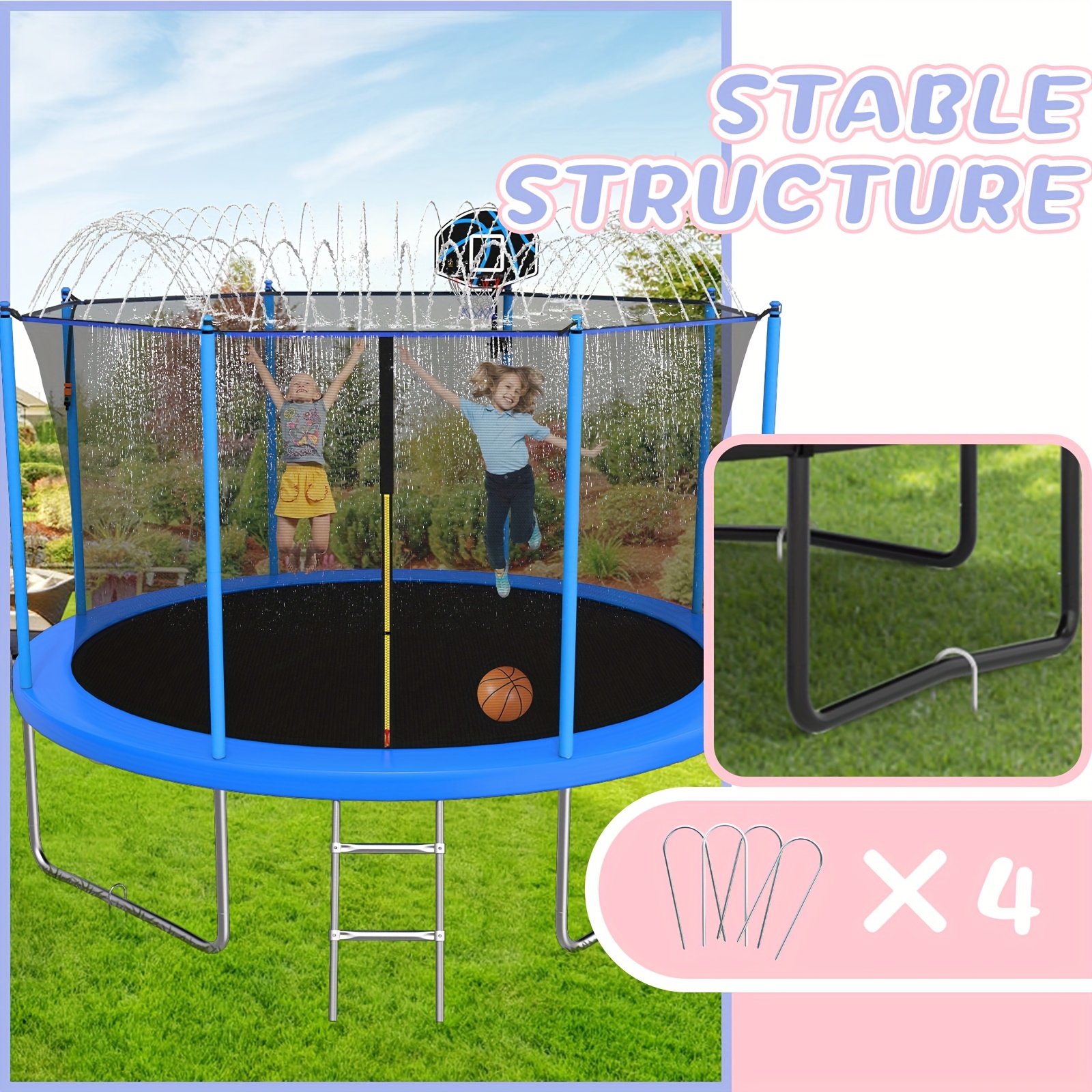 14ft/12ft/10ft Outdoor Kids Trampoline with Water Spray Device, Equipped with Safety Net and Heavy-Duty Rust-Resistant Frame, Suitable for Children and Adults, Includes Basketball Stand and Ladder Blue