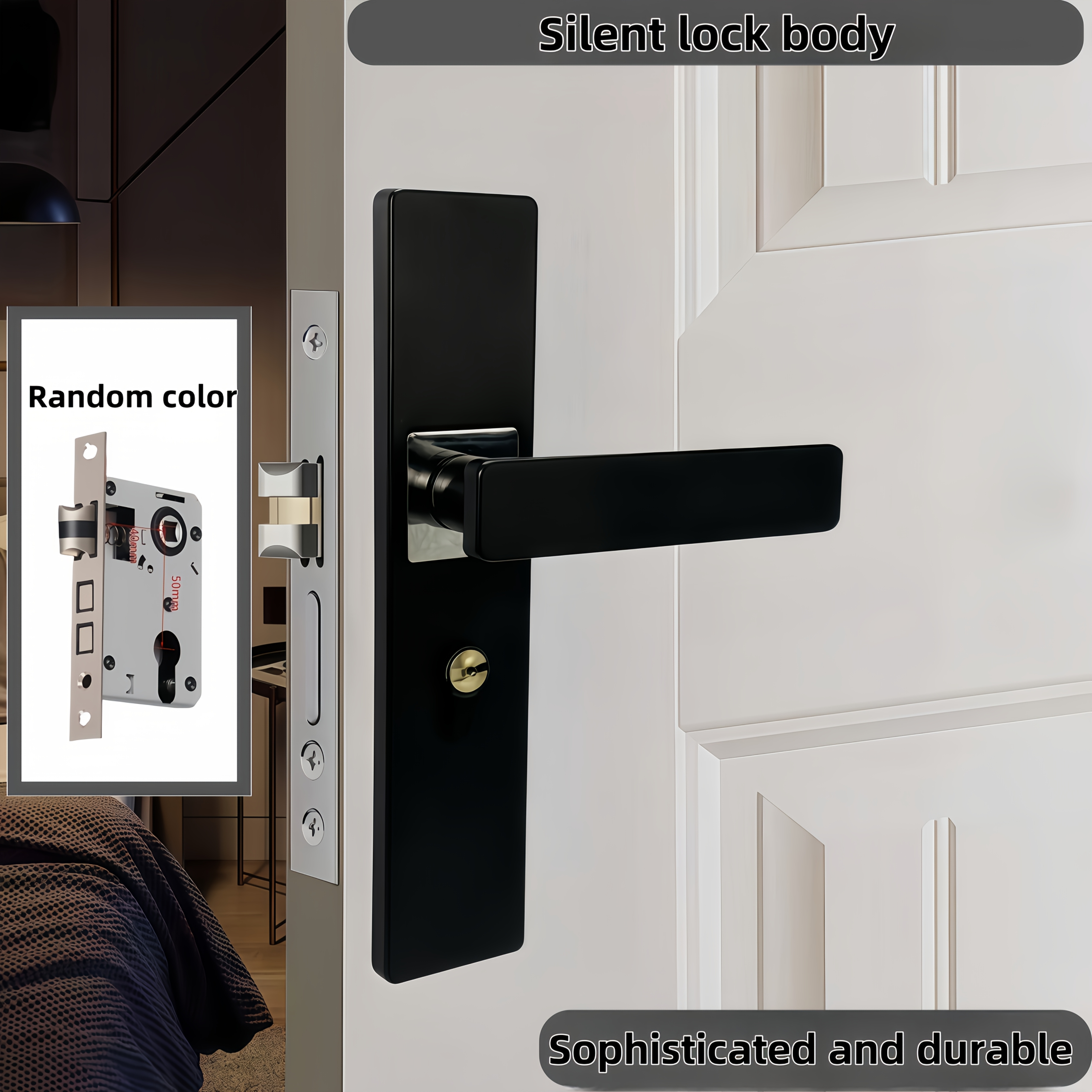 1-Piece Invisible Door Lock Set For Indoor Wooden Doors - Silent, No Handle, Black
