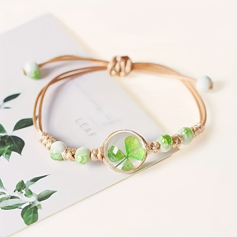 Adjustable Boho Dried Flower Bracelet with Four Leaf Clover Charm