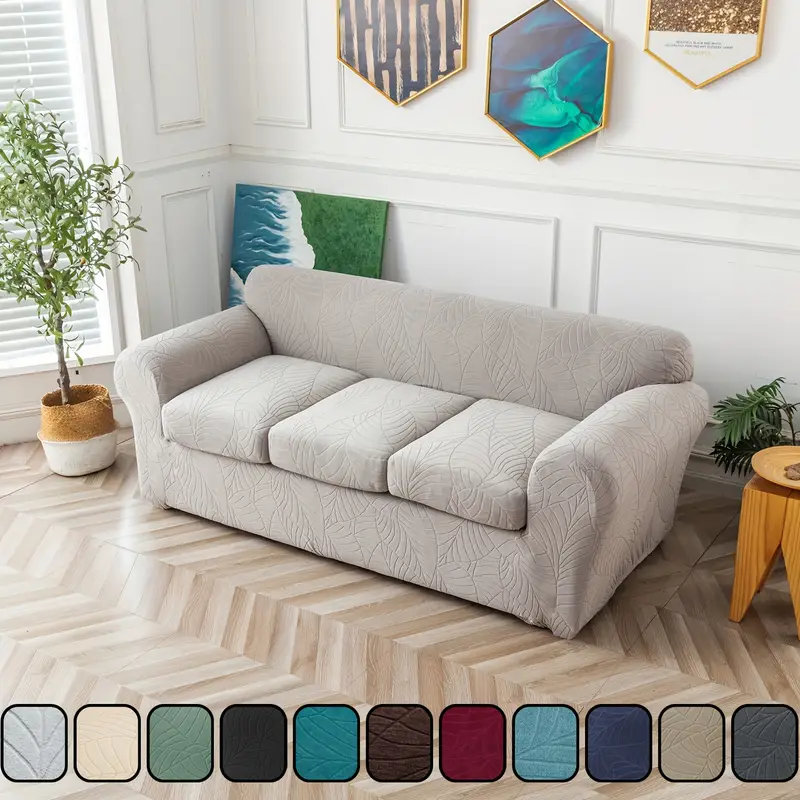 4er-Set Blattstruktur Jacquard-Sofabezug für Drei-Personen-Sofa mit Geteilten Armlehnen, Waschbar und Abnehmbar, Rutschfeste Elastische Spandex-Schutzabdeckung für Drei-Personen-Sofa * für Zuhause,