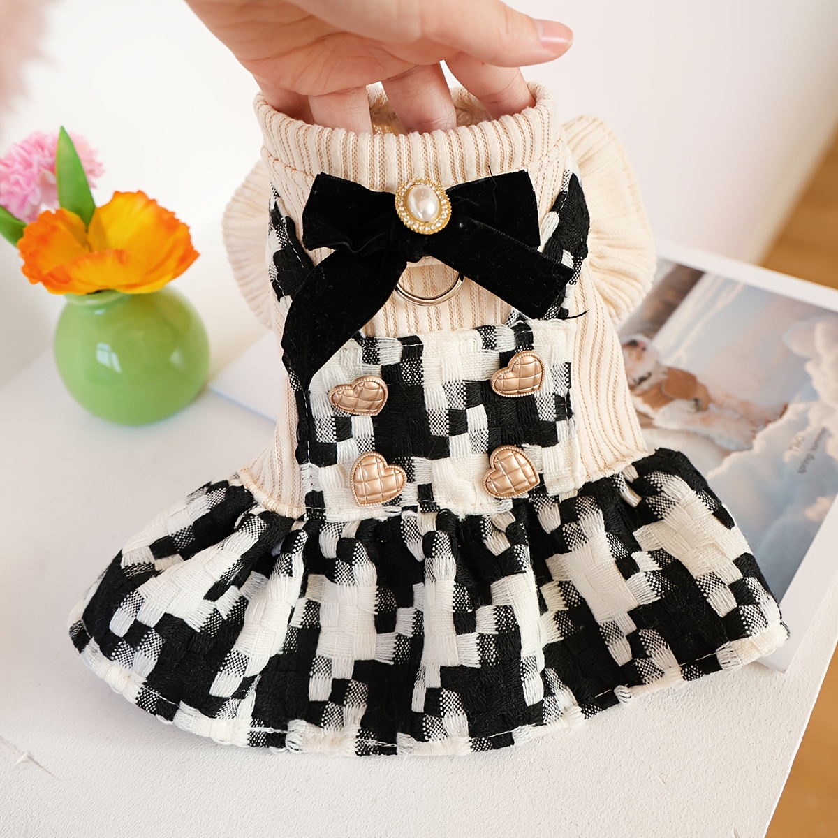TEMU High-quality Black And Scheme Dress With A Bow Tie Button, Suitable For Small Dogs, Designed For Autumn And Winter, Providing