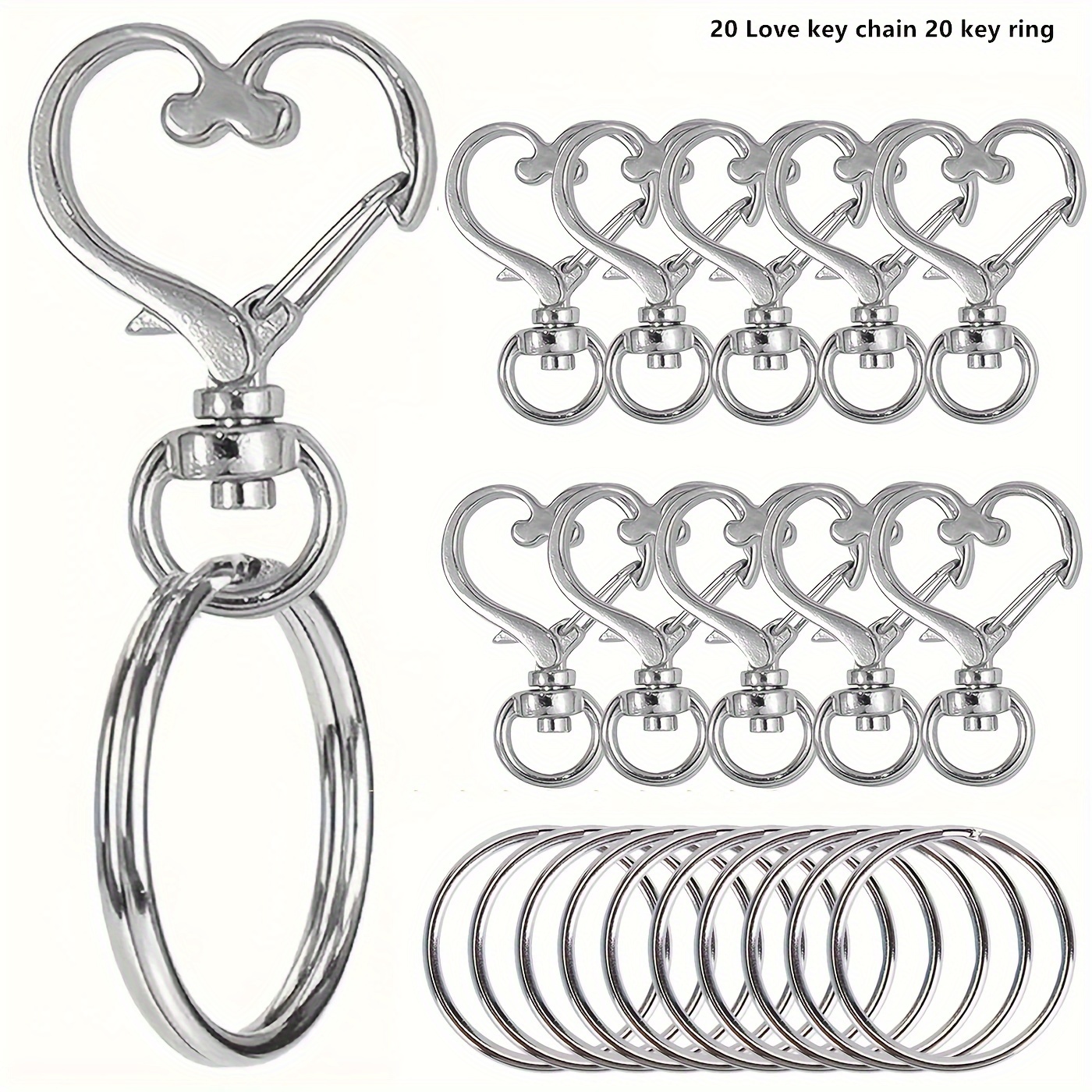 TEMU 20er-Set – 20 Schlüsselanhänger + 20 Schlüsselringe, herzförmige drehbare Schnappverschlüsse mit Schlüsserringen – bunte Metall-Federschnapper,