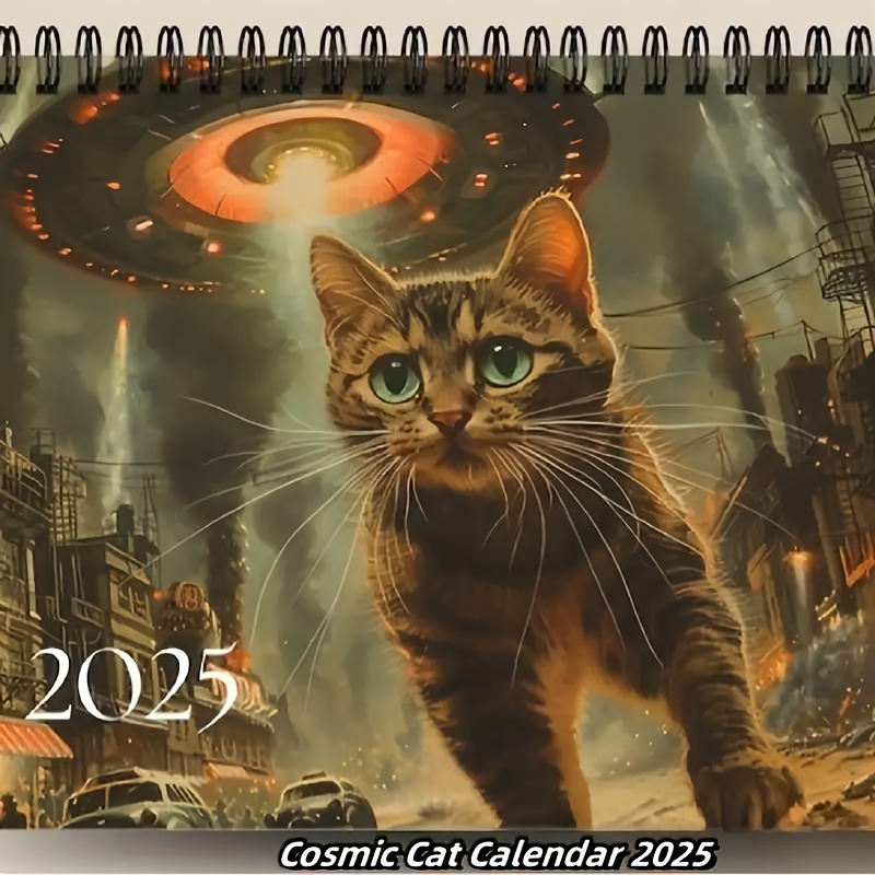 

2025 Cat Wall Calendar, 12-month Spiral-bound Organizer With Artistic Space Feline Illustrations, Ideal Gift For Cat Lovers, 1pc - Major Material: Paper