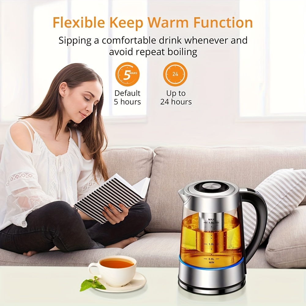 electric kettle 1 8l electric glass kettle 12 temperature controls up to 24 hours insulation tea kettle hot water pot stove stainless steel strainer and inner lid glass kettle for coffee tea and milk powder details 2