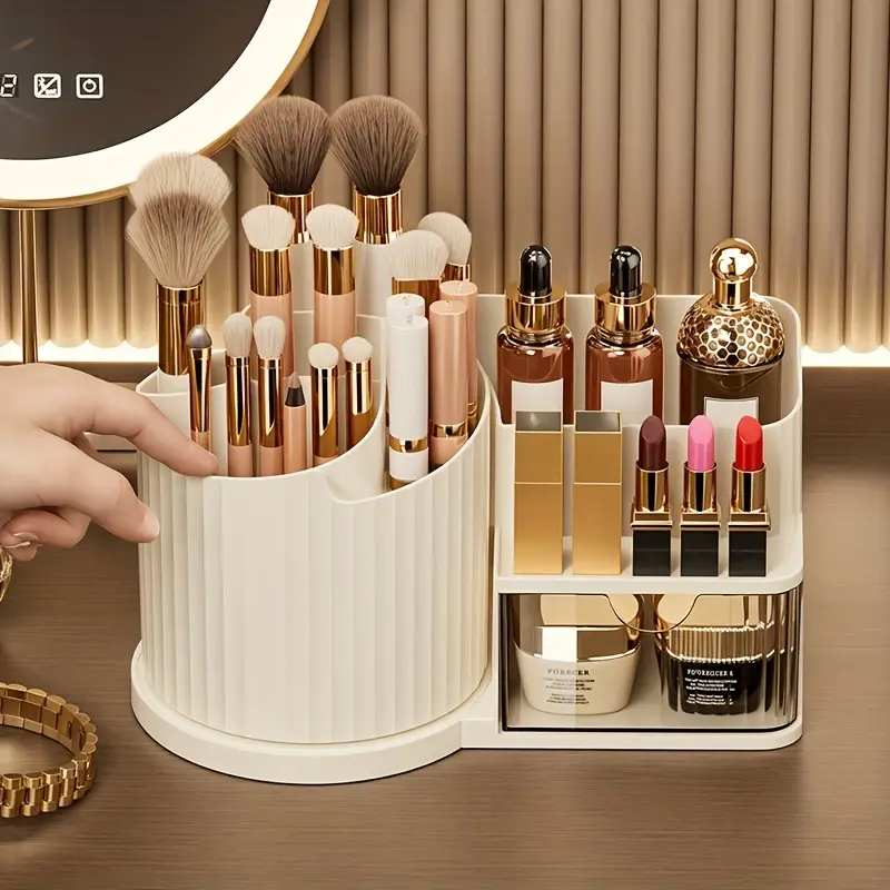 360 rotating makeup organizer with brush holder drawer makeup vanity organizer with brush storage lipstick office stationery space saving countertop organizer no power needed elegant bathroom desk durable plastic construction bathroom storage polished home organizers Product details 5