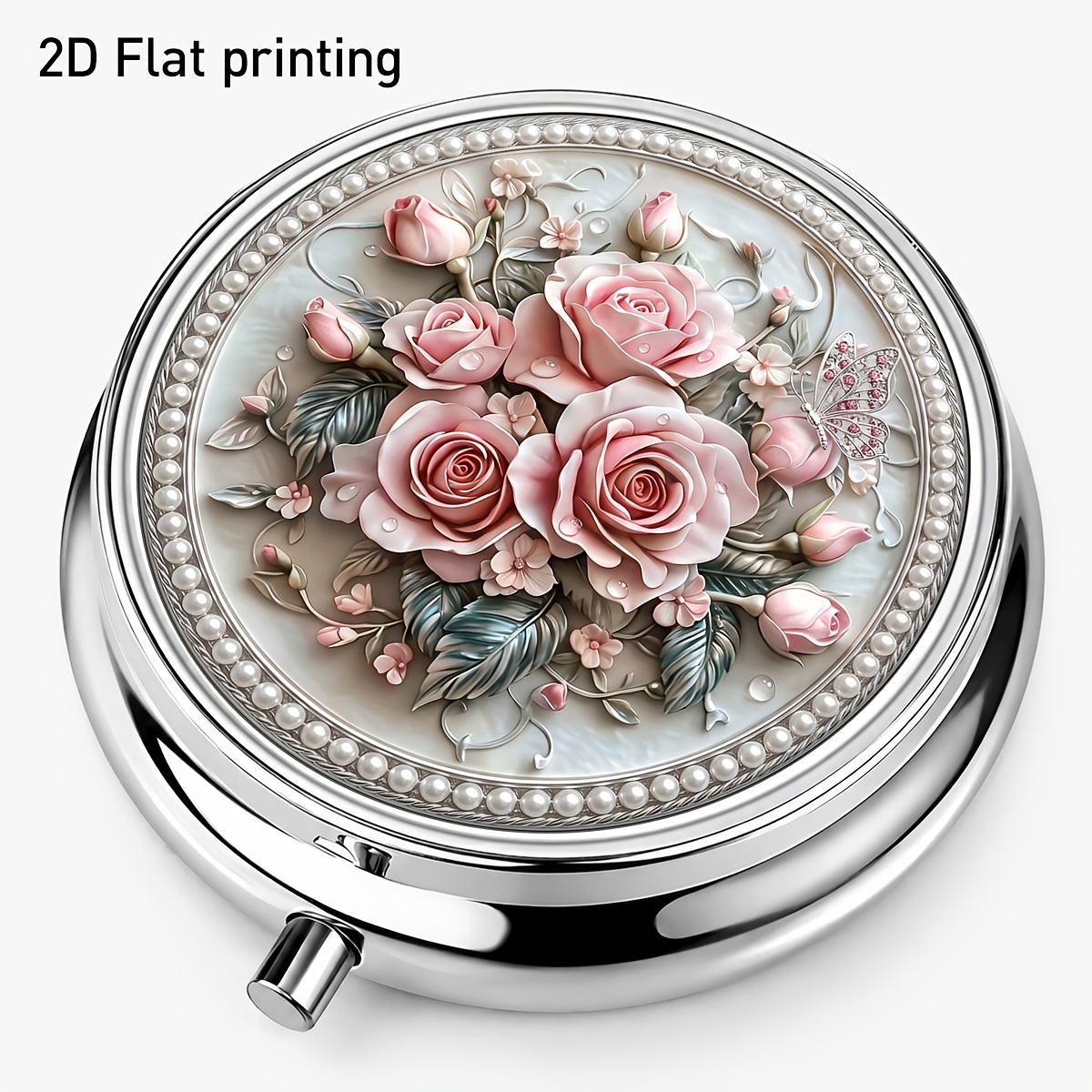 TEMU 1pc, 2d Flat Printing, Pink Rose And Pearl Bouquet Pattern Round Metal Small Pill Box, Three-compartment Portable Storage Case, Pocket-sized
