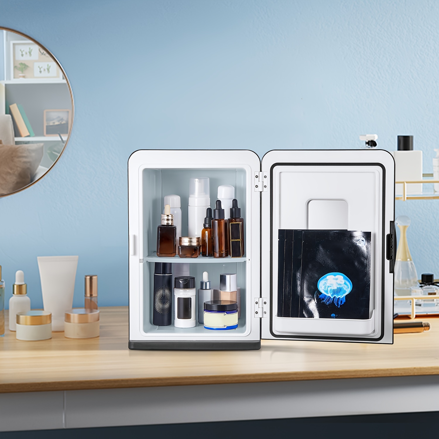 Mini Fridge 15 Liter/21 Cans, AC+DC Power Small Fridge for Bedroom, Car, Office, Thermoelectric Cooler and Warmer Skincare Fridge for Food, Drinks, Cosmetics, Max & ECO Mode, Black