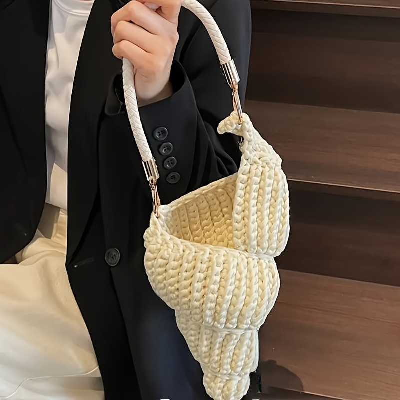 [Handwoven Seashell Crochet] Lightweight Polyester Handwoven Seashell Crochet Handbag | Detachable Adjustable Strap, Summer Vacation Women's, Casual Open Design Beach Bag
