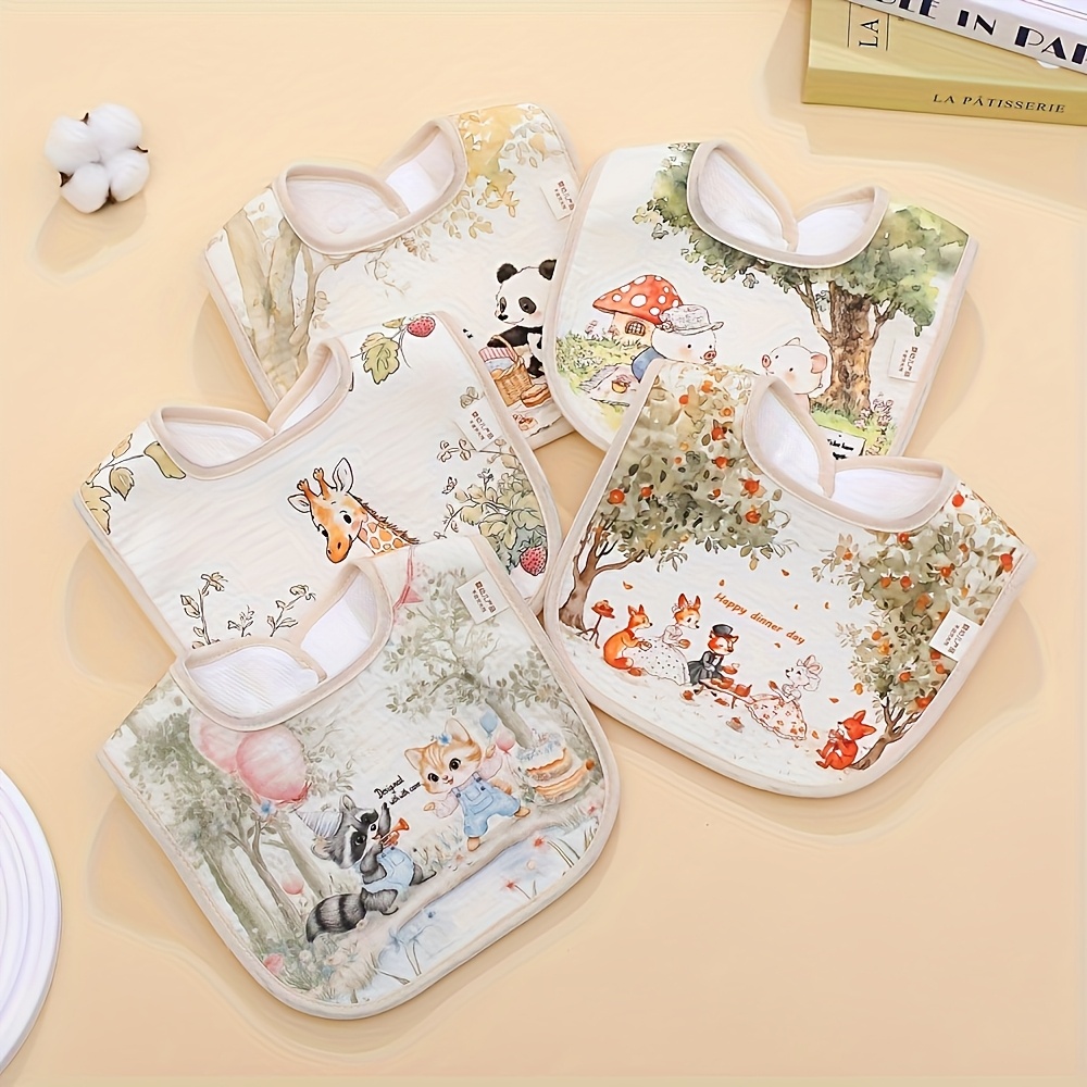 Set Of 5 Baby Bibs Featuring Animal Designs, Adjustable Neck For Feeding, Suitable For Newborns Of Genders