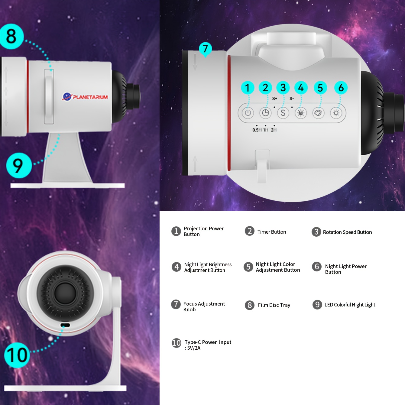10 in 1 star   planetarium   projector with timer function portable and adjustable 7 rgb colors night light usb interface electronic lamp starry sky projector for bedroom aurora projector night light projector for game room home theater ceiling room decoration bedroom full of starry   aurora projector with solar system for bedroom ceiling starry sky night light night light decor starry sky effect adjustable light   projector details 1