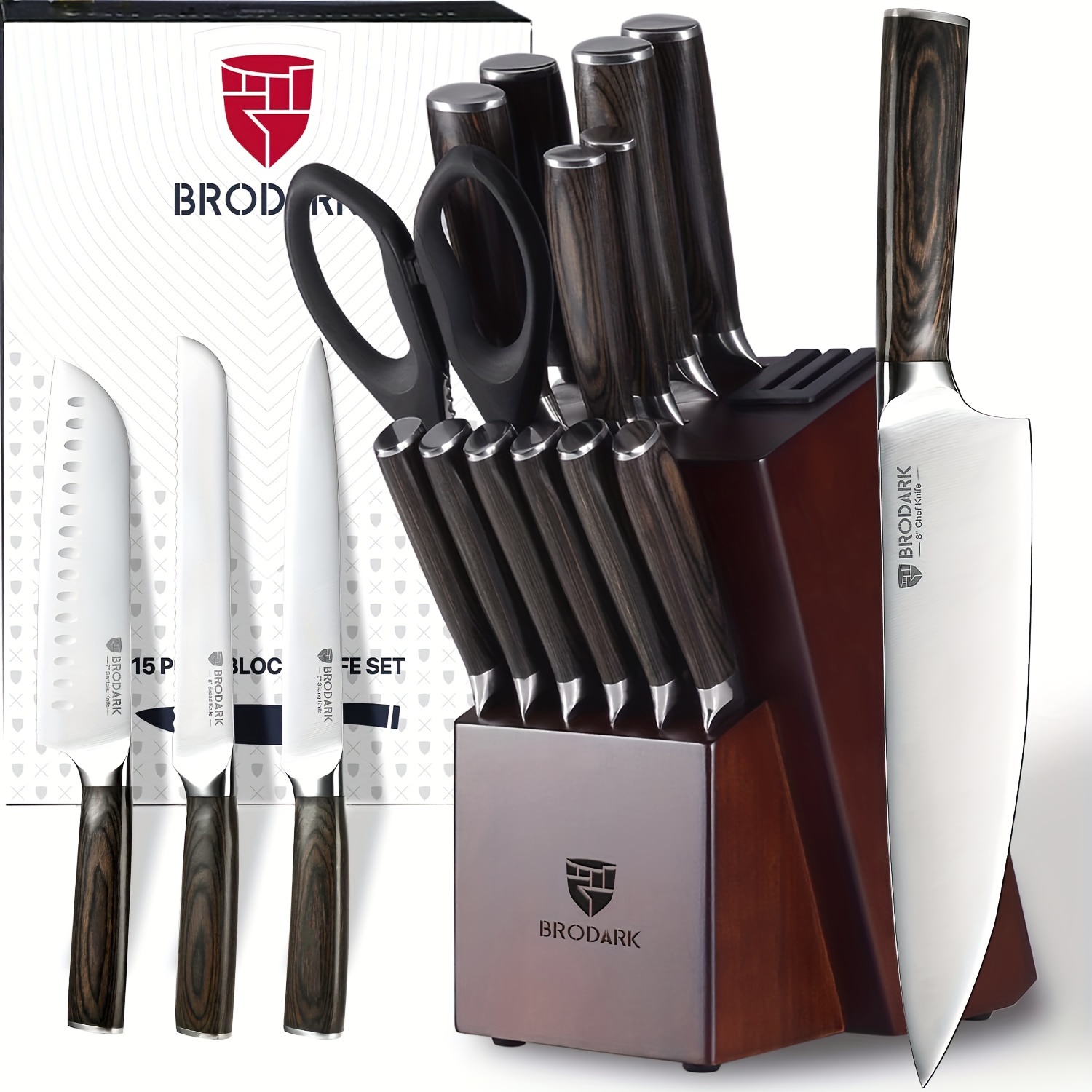 

Brodark Kitchen Knife Set With Block, Food Grade 15 Pcs German Stainless Steel Professional Chef Knife Set With Knife Sharpener, Full Tang Knife Block Set, Gift Box