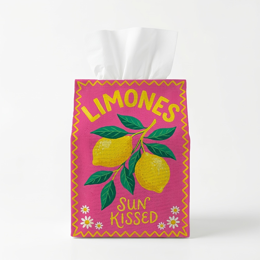 TEMU 1pc Mediterranean Retro Bright Cube Tissue Cover "limones" "sun " Fabric Box Holder For Square/round Tissues, Home Decor