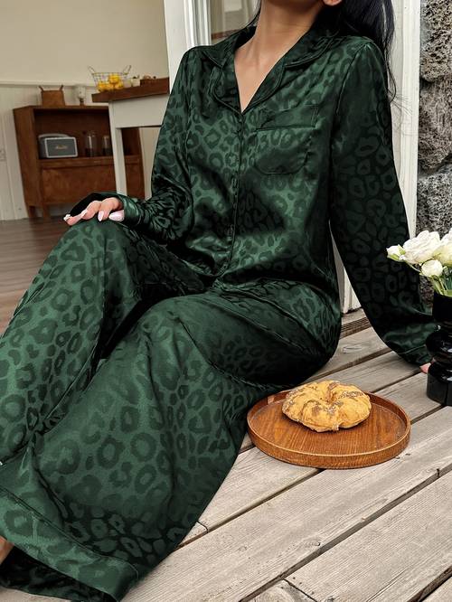 spring and autumn solid color leopard print pajama set womens casual wear suit