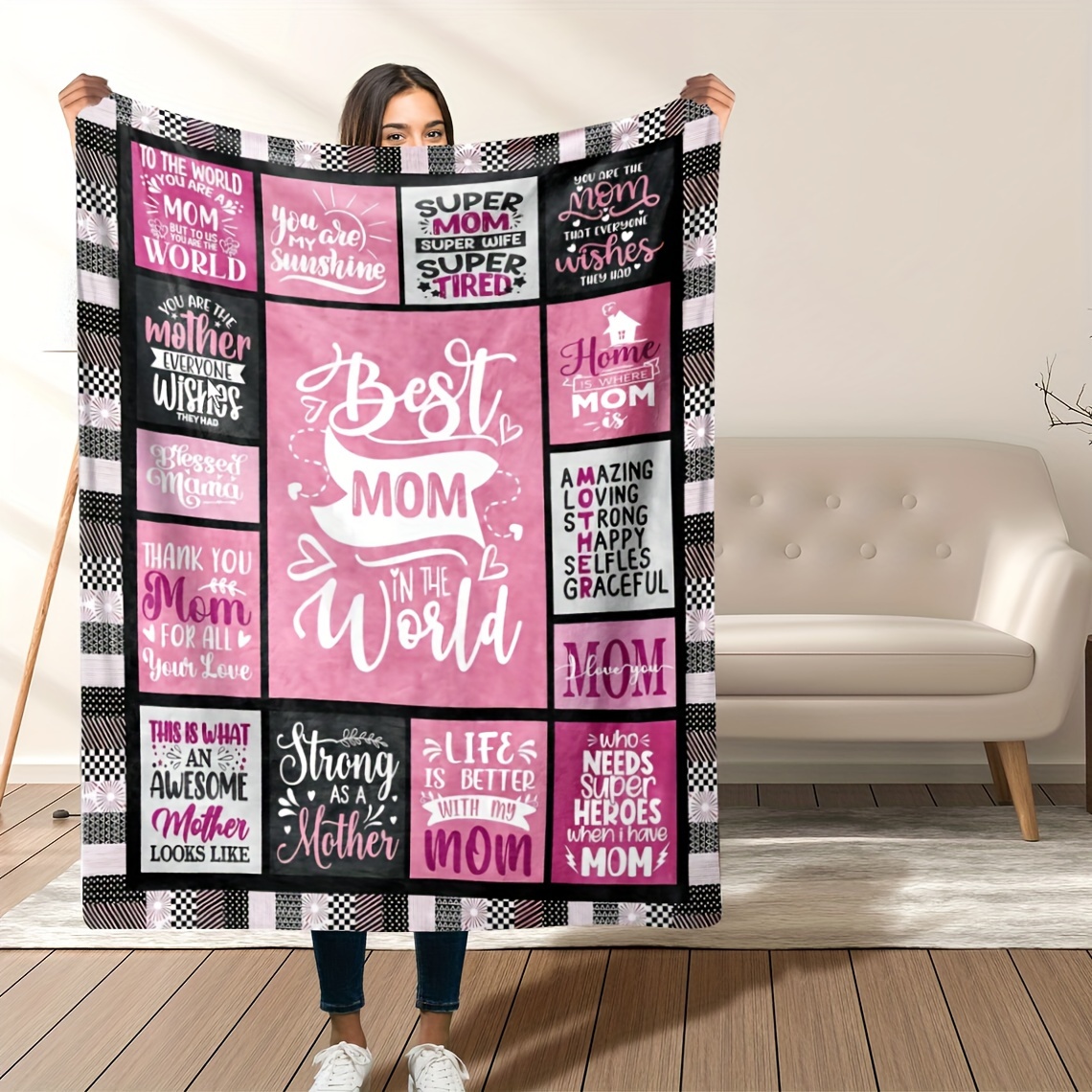 

Vintage-inspired Best Mom Themed Flannel Throw Blanket, All-season Knitted Polyester, Soft Sofa Cozy Tv Blanket, Perfect Mother's Day & Birthday Gift, Digital Print, 200-250g Square Weight