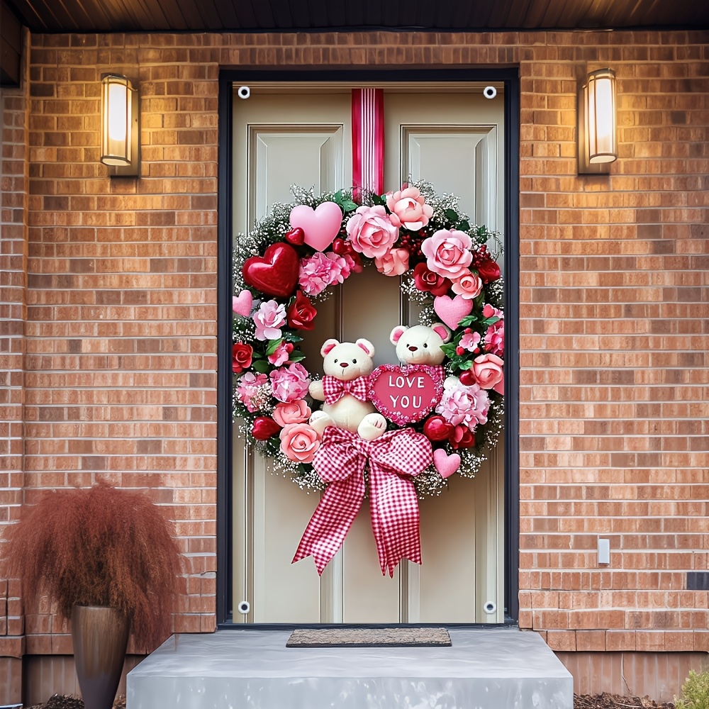 

1pc Elegant Polyester Teddy Bear Wreath, Love Themed Door Cover For Valentine's Day, Universal Holiday Decor, , No Electricity Or Battery Needed, Parties &