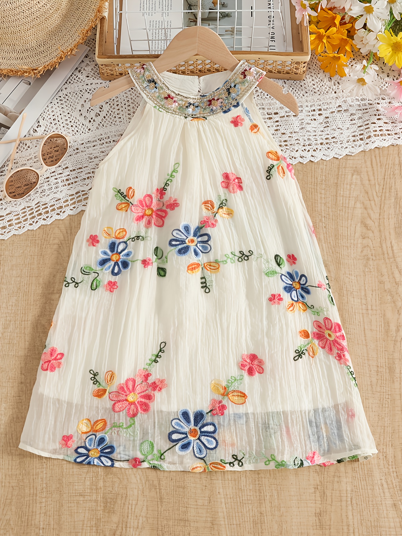 girls bohemian floral embroidered tulle dress sleeveless Temu