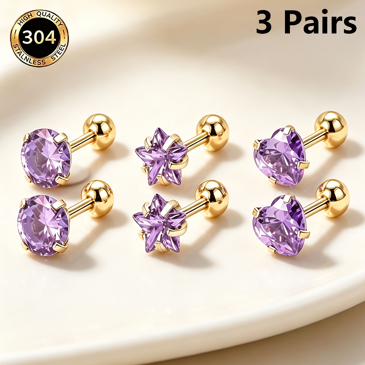 TEMU 3 Pairs Of 304 Stainless Steel Golden-tone Four-claw Twisted Ball, Five-pointed Star, Heart, And Round Synthetic Synthetic Cubic Zirconiaia Stud