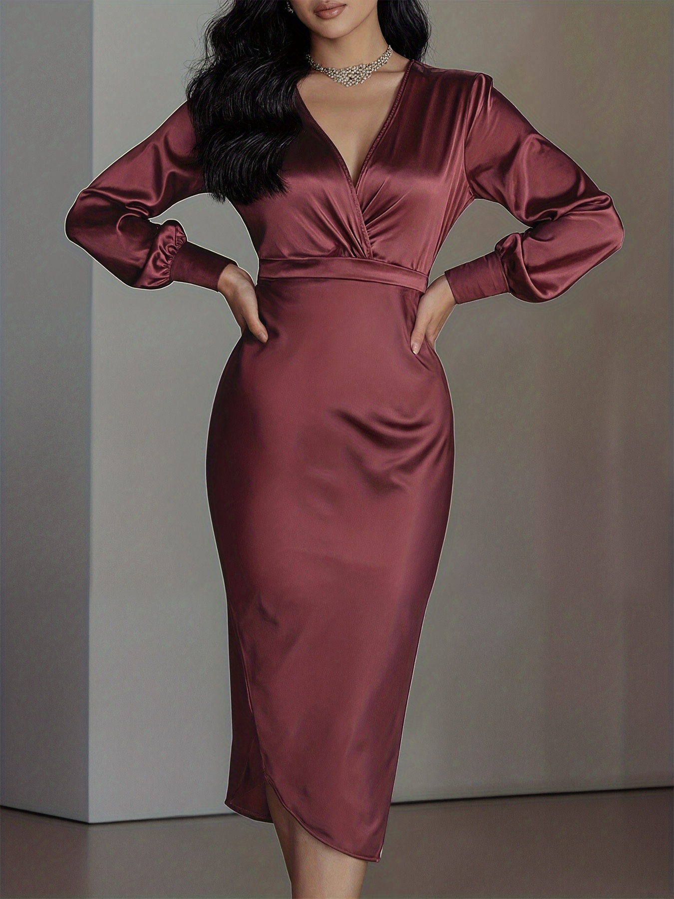 spring new retro luxe wine red satin deep v neck lantern