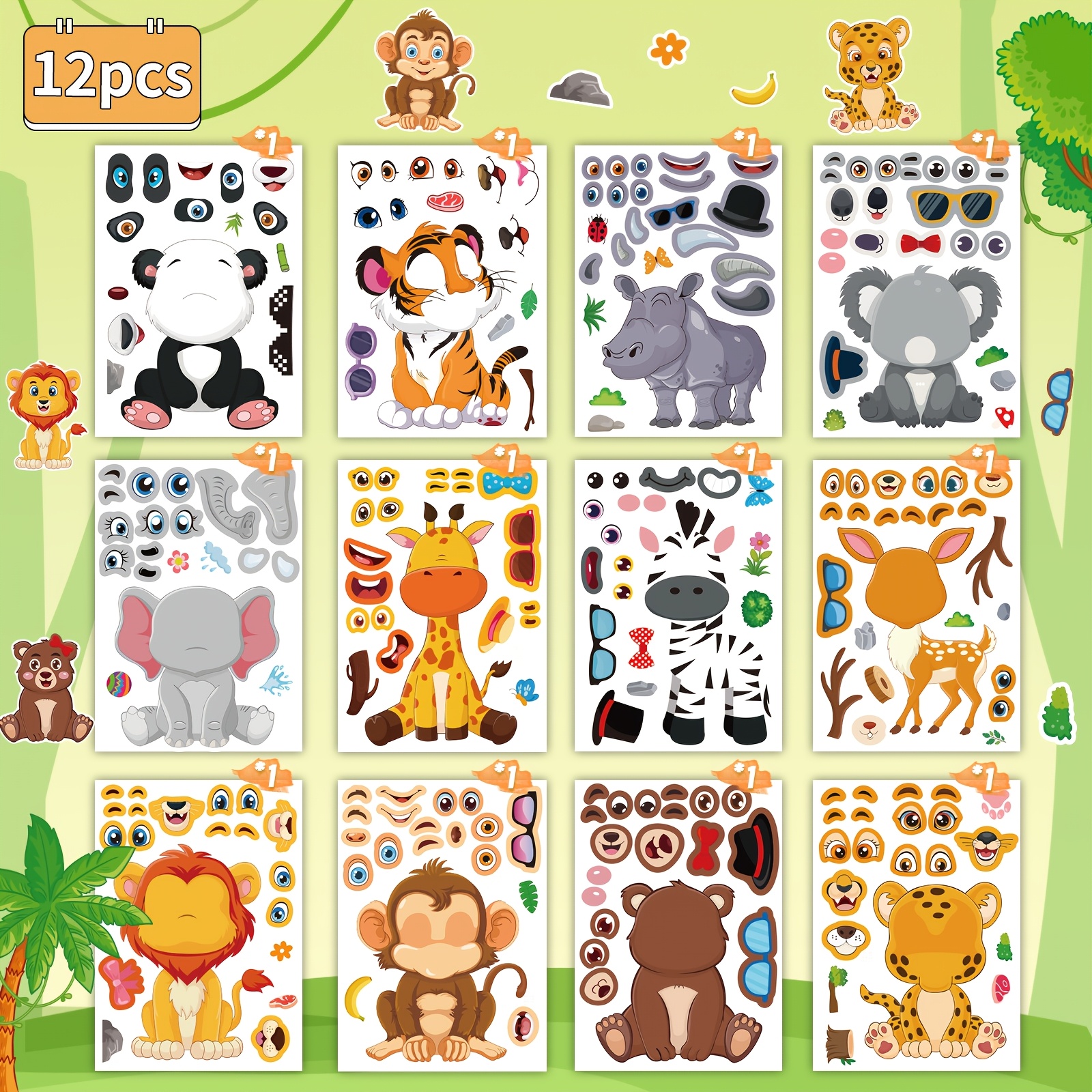 Image of 12/24pcs Stickers, Animal Stickers, Tiger, Lion, Monkey, Elephant, Zebra, Elk, Giraffe Stickers, Diy Face Changing Stickers, Stickers, Patterns, Non Repeating Stickers