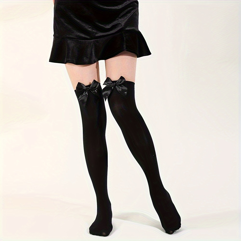 

1 Pair Solid Bow Decor Thigh High Socks, Sweet Comfy Breathable Over The Knee Socks, Women's Stockings & Hosiery