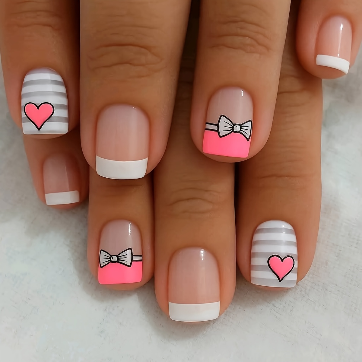 TEMU A Full Set Of 24 Short Square-shaped Fake Nails Featuring Striped White And Pink Tips With A Bow And Heart Cluster Design. Includes 1 Jelly