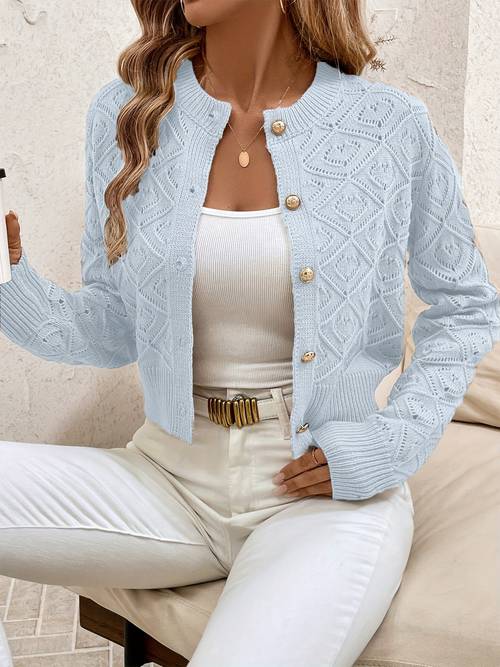 damens casual geometrisches muster cardigan - einfarbiger knopfleisten-crop-pullover mit rundhalsausschnitt & langarm, regular fit h-silhouette für frühling/herbst-layering, kurz geschnitten, strickwaren-mode
