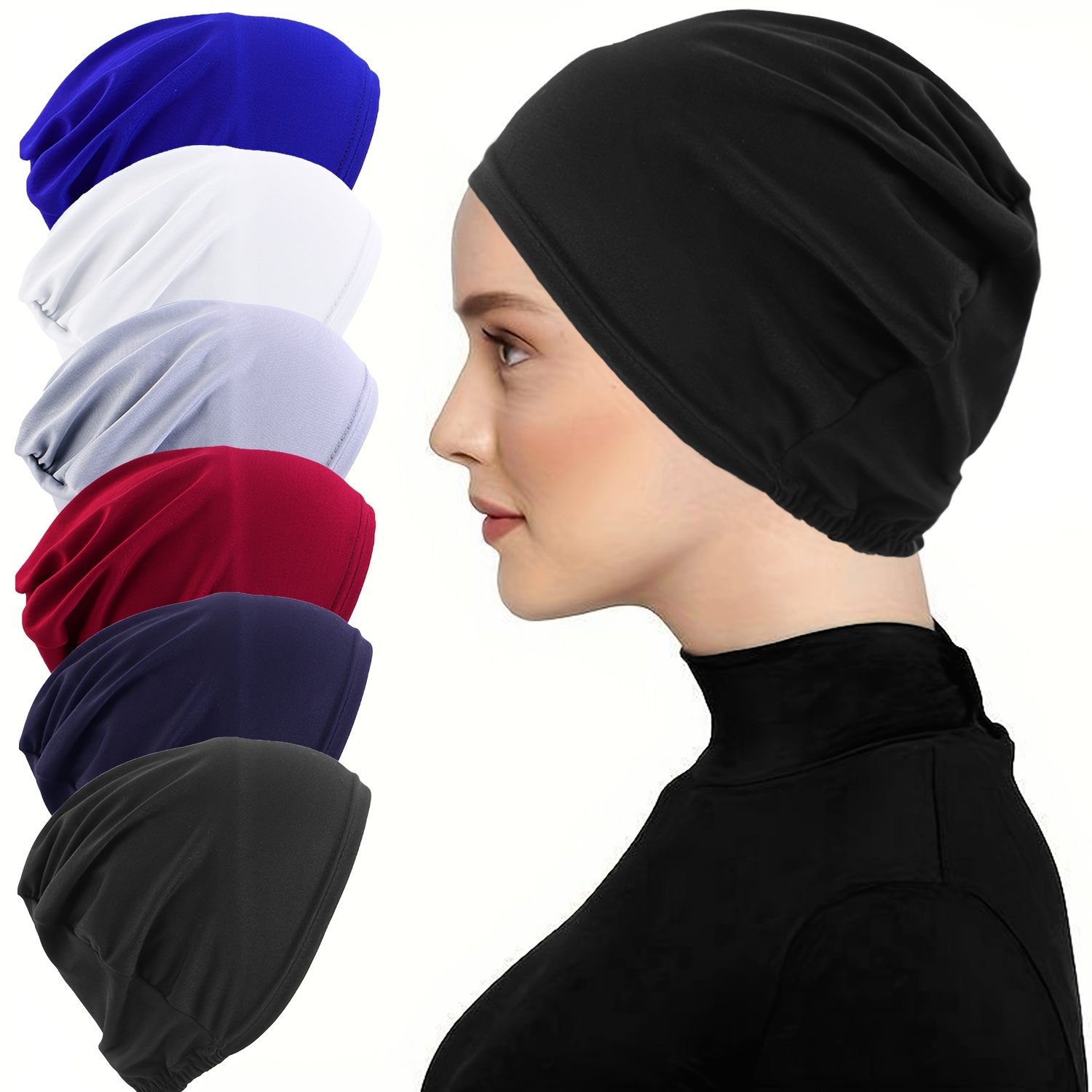 

6pcs Women's Solid Color Undercaps, Dual-layer Comfy Casual Base Caps, Soft Stretchy Headwear Inner Hijab Caps