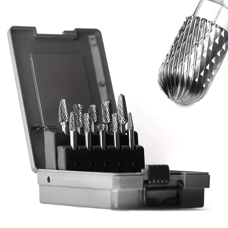 

A Set Of 10 Carbide Drill Bits, Featuring A 1/4 Inch Shank Rotary File Head, For Cutting, Milling, And Engraving Metal And Steel.