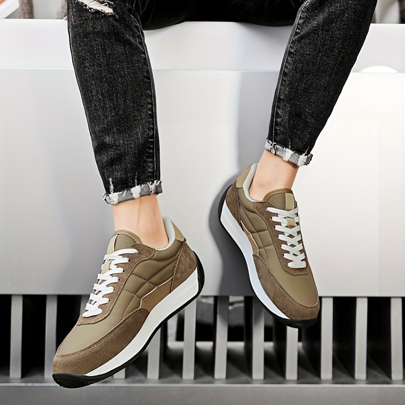 

Trendy Running Sneakers - Casual & Sporty - Height-boosting Shoes, Non-slip , Lace-up, Low-top In Olive Green With White Accents For Wear