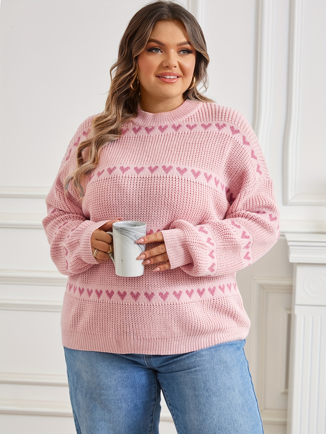 Plus Size Casual Sweater Women's Plus Heart Print Drop - Temu Canada