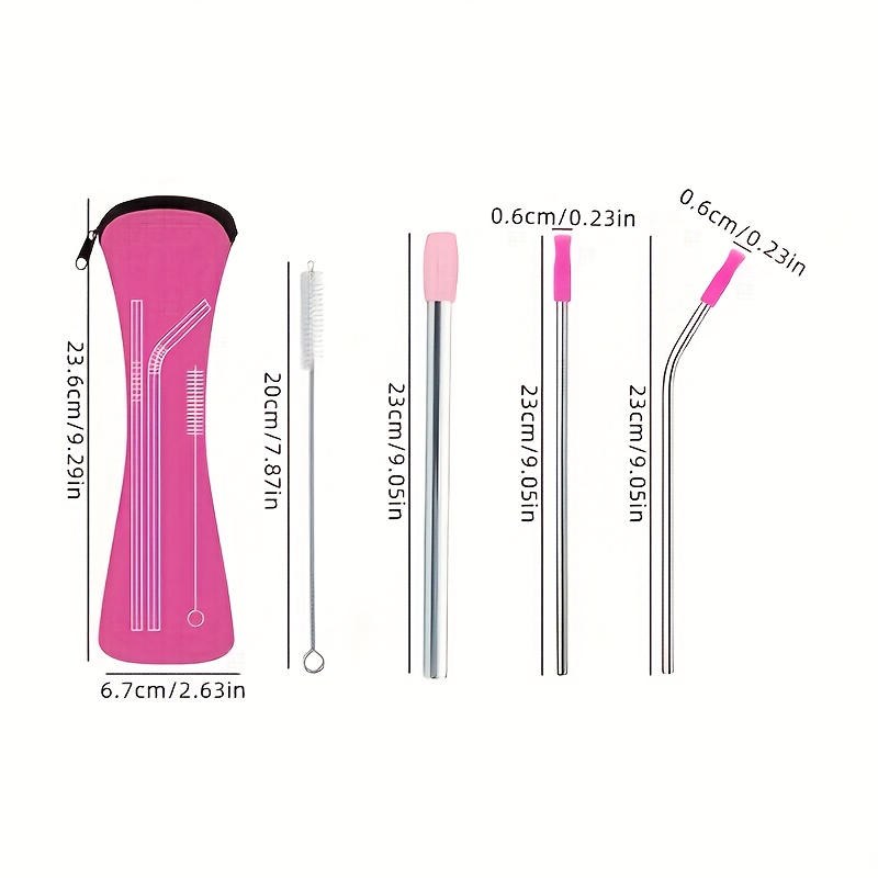 TEMU 5pcs Stainless Steel Straw Set, Reusable With Silicone Tips, Sturdy Bent Straight Straws, Food-grade, Includes 3 Straws, 1 Cleaning Brush, And 1