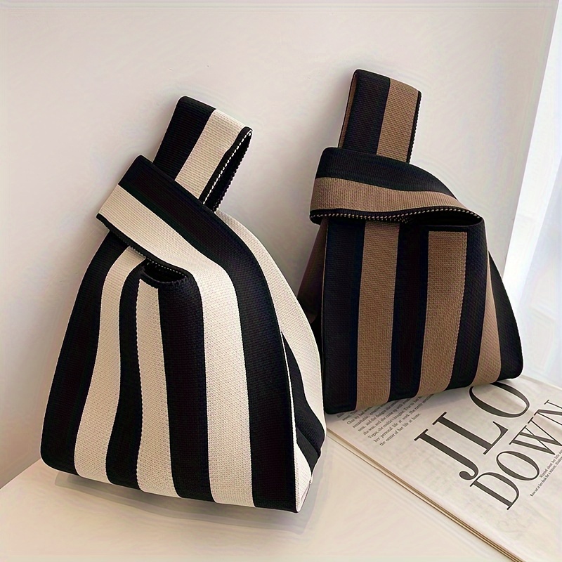 

Stripe Knit Tote Bag, Black And Beige Handbag, Fashion Wristlet Bag, Shopping & Casual Outing Bag