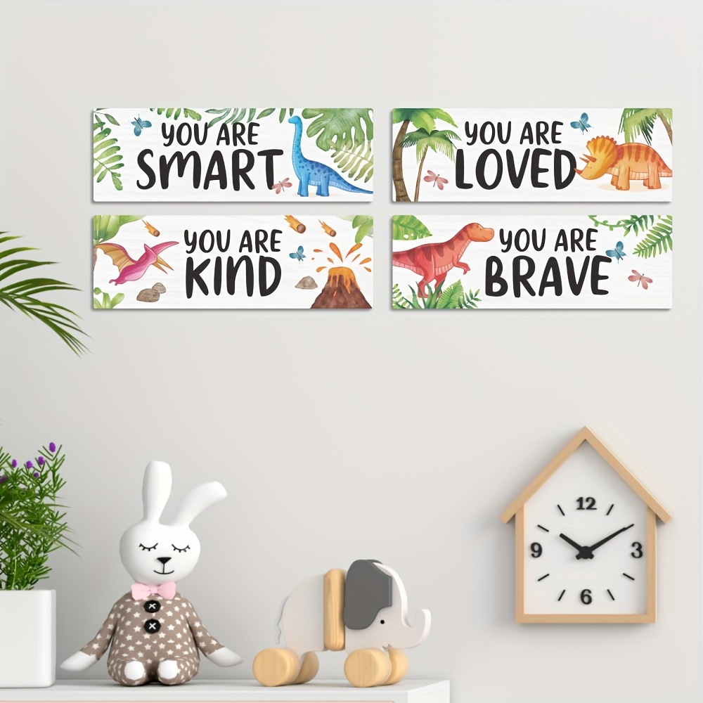 

Putuo Decor 4pcs Inspirational Quotes Wooden Signs - "you Are Kind, Smart, Brave, " With Cute Dinosaur For Home, Nursery, 's Room, Bedroom, Kindergarten - 11.8x3.9 Inches