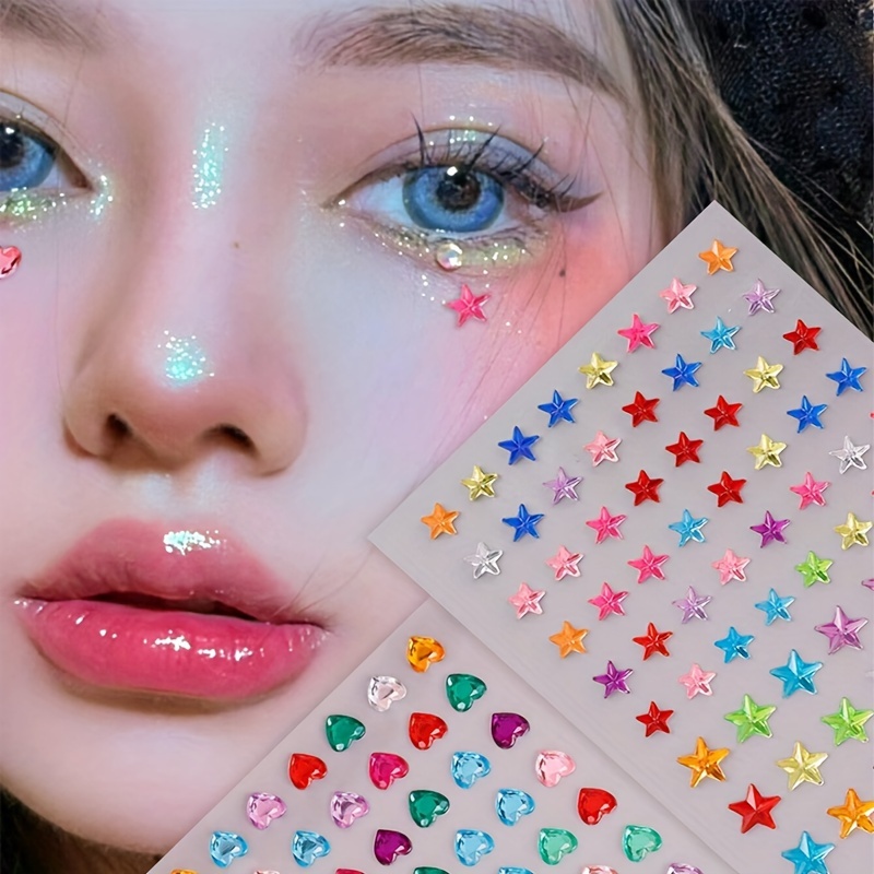 

2 Sheets Colorful Multi-specification Three-dimensional Five-pointed Star-shaped Simulated Gemstone Face Diamond Stickers Diy Music Festival Y2k Masquerade Eye And Face Decoration Glitter Stickers