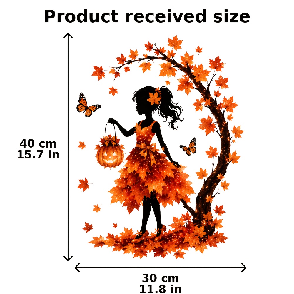 Image of 2d Flat, 1pc Autumn Leaf Elf Jack-o'-lantern Branch Pattern 2d Flat Printed Removable Adhesive-free Pet Static Cling Window Decal, Maple Leaf Luminous Glass Decorative Sticker, 2d Flat