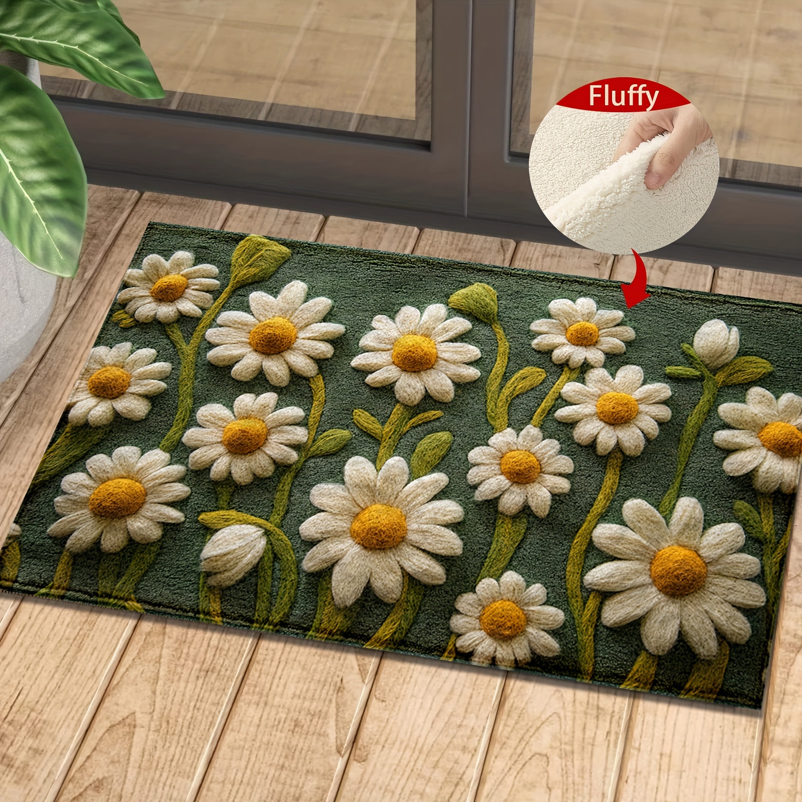 

1pc - Green Daisy Pattern Mat, Cashmere Material, Fluffy Plush Winter Decor Decoration, Door Mat, Bathroom Rugs, Machine Washable, Absorbent Anti-fouling And Non-slip, Daily Decorations, As Gifts