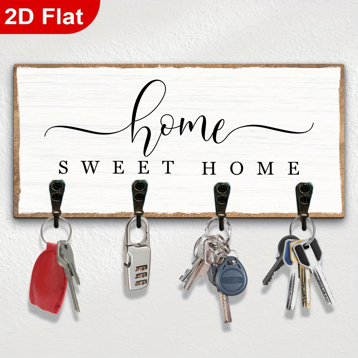 TEMU 2d Flat A Sweet Harbor Solid Wood Wall-mounted Key Rack With 4 Hooks - Modern Country Style Decor, Suitable For Entryway, Kitchen, Bathroom,